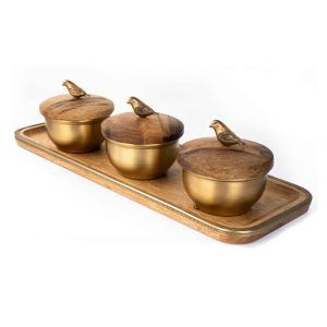 ست قندان سه تایی به همراه سینی گلدکیش مدل گلدن برد کد GK829474
